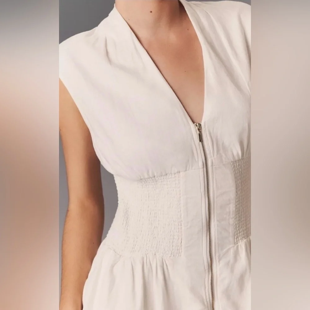 Anthropologie Maeve Tommie Linen Zip Front Mini Dress Ivory Size L NWT - Picture 3 of 5